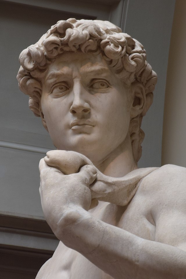 George M Groutas Michelangelo David Wiki Commons https://commons.wikimedia.org/wiki/File:Michelangelo_David_crop.jpg

David is a masterpiece of Renaissance sculpture created in marble between 1501 and 1504 by the Italian artist Michelangelo. David is a 5.17-metre (17.0 ft)[a] marble statue of the Biblical hero David, a favoured subject in the art of Florence...David was originally commissioned as one of a series of statues of prophets to be positioned along the roofline of the east end of Florence Cathedral, but was instead placed in a public square, outside the Palazzo Vecchio, the seat of civic government in Florence, in the Piazza della Signoria where it was unveiled on 8 September 1504. The statue was moved to the Galleria dell'Accademia, Florence, in 1873, and later replaced at the original location by a replica...Because of the nature of the hero it represented, the statue soon came to symbolize the defence of civil liberties embodied in the Republic of Florence, an independent city-state threatened on all sides by more powerful rival states and by the hegemony of the Medici family. The eyes of David, with a warning glare, were fixated towards Rome.
Closeup crop of face